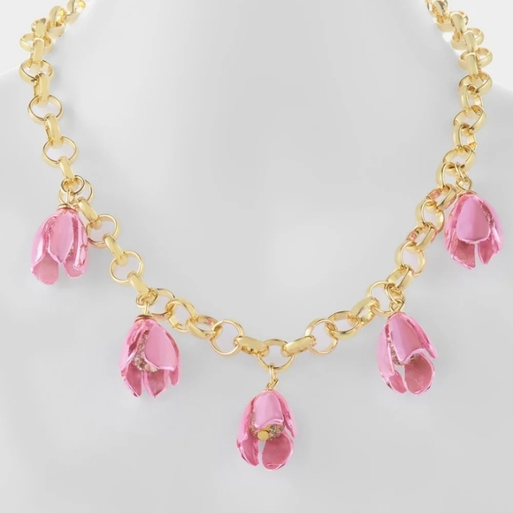 🔹️BETSEY JOHNSON🔹️Pink Garden Glam Tulip Charm Chain 16"  Necklace - Picture 1 of 13